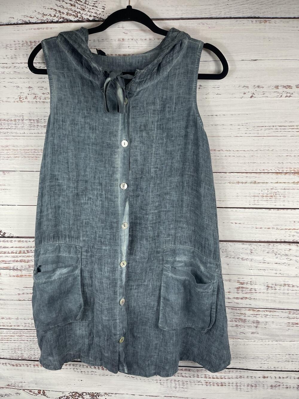 Inizio Shirt Womens Size Small Gray Linen Hooded Button Front Pockets Made Italy